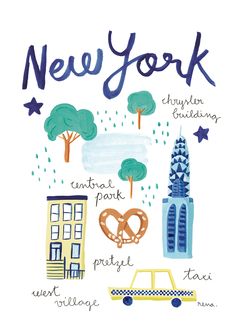 the new york skyline is shown in this hand drawn illustration, which features buildings and trees