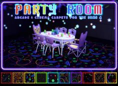 a party room with purple chairs and white table surrounded by neon colored confetti