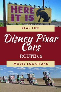 the sign for disney pixar cars in front of a movie location with lots of signs