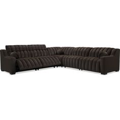 a brown sectional couch with black legs and arm rests on an isolated white surface, facing the camera