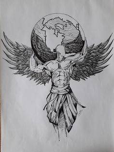 a drawing of a man holding the earth on his shoulders with wings spread out to form an angel