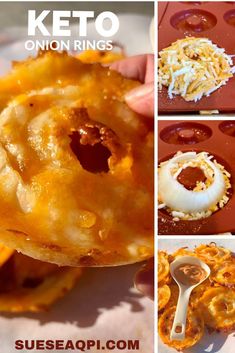 a collage of photos showing different types of food and the words keto onion rings