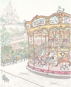 a drawing of a merry go round with horses