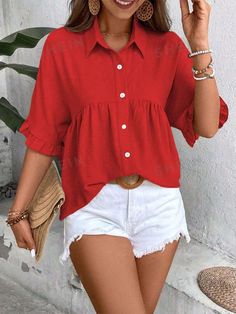 Details:Ruffle \nDetails:Ruffle Hem \nSleeve Type:Batwing Sleeve \nDetails:Button \nStyle:Cute \nHem Shaped:Flared \nType:Peplum \nType:Shirt \nNeckline:Shirt Collar \nColor:Red \nPattern Type:Plain \nSleeve Length:Half Sleeve \nLength:Regular \nFit Type:Loose \nFabric:Slight Stretch \nMaterial:Woven Fabric \nComposition:100% Polyester \nCare Instructions:Machine wash or professional dry clean \nPockets:No \nSheer:No \n Casual Blouse Women, Peplum Shirts, Women Blouses, Red Blouses, Casual Blouse, Short Sleeve Blouse, Top Casual, Womens Fashion Casual, Elegant Woman