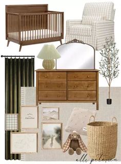 a baby's room with furniture and decor including a crib, chair, dresser, mirror, lamp, blanket, teddy bear