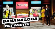 two people are standing in front of banana loca on the set of tv show