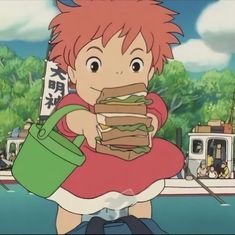 an anime character is holding a giant sandwich