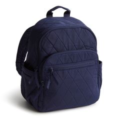 A navy color Bancroft Backpack from Vera Bradley New Day. The backpack is designed from Polyester Twill. This bag is shown in pattern Peacoat. Water Repellent Fabric, Travel Experience, Vera Bradley, Zip Pockets, Adjustable Straps, Pen, Laptop, Backpacks, Exterior