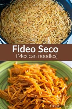 two pictures with different types of food in them and the same one has shredded noodles on it