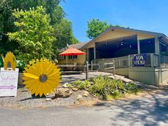 there is a large sunflower in front of the building