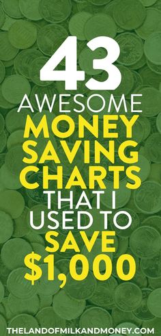 a pile of money with the words, 43 awesome money saving chart that i used to save $ 1, 000