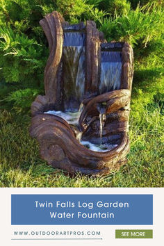 "win Falls Log Garden Water Fountain in a serene garden nook, showcasing a rustic outdoor water feature with a cascading log fountain. Perfect for adding a tranquil garden waterfall to your backyard, this natural stone fountain enhances outdoor living spaces and complements nature-inspired garden decor. Kolam Air, Indoor Water Fountains, Waterfalls Backyard, Tabletop Fountain, Waterfall Fountain, Indoor Fountain