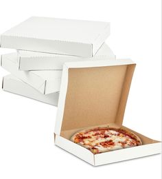 three pizza boxes with one slice missing from the box