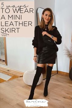 Leather Skirt And Coat Outfit, Leather Skirt And Leather Jacket Outfit, Outfits Black Leather Skirt, Leather Skirt Date Night Outfit, Black Leather Skirt Fall Outfit, Styling A Black Leather Skirt, Aline Leather Skirt Outfits, How To Style Short Leather Skirt, Classy Leather Skirt Outfit