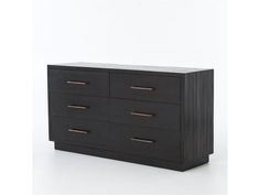 a black dresser with four drawers and two gold pulls on the bottom drawer, against a white background