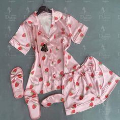 Berry Bliss Slumber: Juicy Strawberry Print Pajama For Women And Girls - Celebrate Birthdays, Sleepovers, And Serene Nights In Style! Complete With Blouse, Shorts, And Cozy Slippers Cheap Purple Sleepwear With Short Sleeves, Sleepover Outfit, Yummy Donuts, Sleepover Essentials, Cozy Sleep, Womens Pajama, Comfy Pjs, Cozy Slippers, Cute Pajama Sets