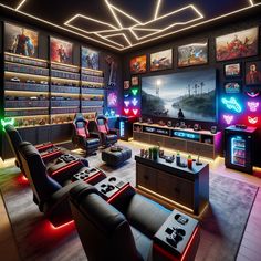 Cozy video game man cave features wall-mounted TV, multiple game consoles, gamer's PC setup, game-themed neon lights, reclining speakers chairs, and snack-packed fridge. Décor includes game posters & black-red scheme. #GameRoom #ManCave #GamingSetup #GamingPC #VideoGames #GameDecor Man Cave Designs, Celestial Ceiling, Mini Sala, Games Room Inspiration, Man Cave Design, Man Cave Furniture, Game Posters, Vintage Arcade, Ultimate Man Cave