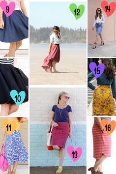 the different types of skirts are shown in this collage, with hearts on them