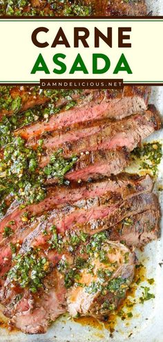 grilled steak with pesto on top and the words carne asada above it