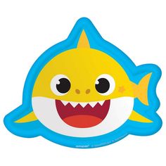 a yellow and blue shark shaped sticker with big eyes on it's face