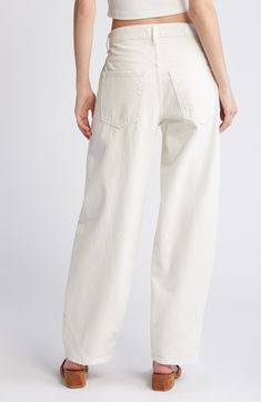 Hit refresh on white-jeans season with a with a sturdy, all-cotton denim pair turned out in a trending tapered silhouette with diagonal seaming. 30" inseam; 17" leg opening Zip fly with button closure Five-pocket style 100% cotton Machine wash, tumble dry Imported Spring Cropped Tapered Cotton Jeans, Spring Tapered Cropped Cotton Jeans, Spring Cotton Tapered Cropped Jeans, Modern White Jeans For Work, Chic White Jeans With Straight Hem, Chic White Straight Hem Jeans, Modern Jeans With Contrast Stitching For Spring, Modern Spring Jeans With Contrast Stitching, Cotton Jeans With Contrast Stitching