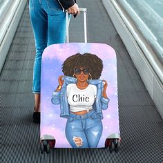 This Luggage Cover is perfect for the chic black girl who loves to catch flights and travel in style. This luggage cover for black women keeps your suitcase free of dust and scratches PLUS makes your luggage easy to spot on the baggage carousel at the airport. No more wondering which suitcase is yours or having someone pick up your luggage by mistake. And it's definitely a head turner while in the airport. This suitcase cover is constructed with an elastic-polyester-spandex fabric which provides maximum durability and a snug fit. It features a high quality, no fade print. It includes left-side slits for easy access to your luggage handles.  Go ahead and order yours today so you can travel in style while sprinkling a lil' Melanin Magic along the way. This listing is for one (1) Luggage COVE Unique Travel Gifts, In The Airport, Catch Flights, Suitcase Cover, Unique Travel, Luggage Sizes, Luggage Covers, Denim Chic, Polyester Spandex Fabric