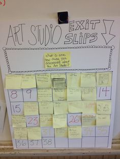 a bulletin board with sticky notes attached to it and the words art studio slips written on it