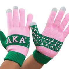 "Alpha Kappa Alpha Greek Letter Texting Gloves. Unique Design Allows For Texting Without Having To Take Off Gloves! Pink And Green Knit Texting Gloves With Added Grips. 100% Acrylic. One Size Fits Most. Matches Our Knit Beanie Hat Perfectly! Makes A Great Gift. D9 Greeks, Women's Mittens, Heated Gloves, Black Leather Gloves