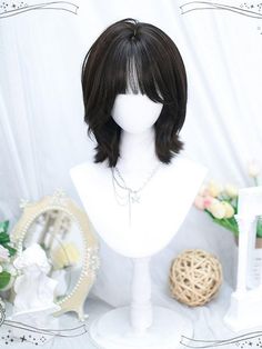 Slanted Bangs Hair, Wavy Curl Medium Length Hair, Oval Face Haircuts Bangs, Cute Bang Haircuts, Short Layered Hair Round Face, Styled Hair With Bangs, Wolfcut Wig, Asian Wigs, Unstyled Haircuts