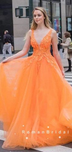 A-Line Deep V-Neck Sleeveless Orange Tulle Long Prom Dresses With Lace – RomanBridal Formal Dress Graduation, Orange Formal Dresses, Orange Prom Dress, Prom Dresses V Neck, 2021 Prom Dresses, Prom Dresses Cheap, Dresses Short Prom, Orange Dresses, Dresses V Neck