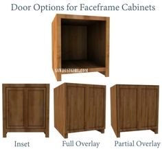 four different types of cabinets with doors and drawers on each side, including one door open