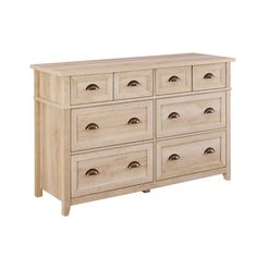 a wooden dresser with six drawers and two doors on the top shelf, in white wood