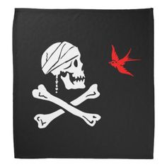 a pirate skull and crossbones with a red bird flying by on black background