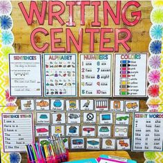 the writing center is filled with colorful papers and pencils