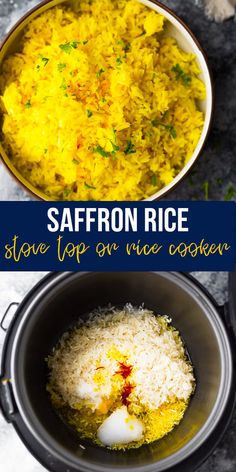 saffron rice in a slow cooker with the title above it