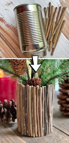 two pictures with pine cones in them and one is made out of wood sticks, the other has an empty tin can