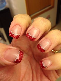 My Xmas nails Niner Nails, Short Christmas Acrylic Nails, Red Sparkly Christmas Nails, Christmas Nails Short Square, Chiefs Nails, French Tip Christmas, Jeans Nails, Christmas Fingernails