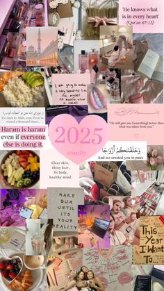 the collage shows many different things in pink and white colors, including pictures with words on them