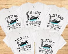 "This sisters on the loose trip shirts featuring your custom destination is the the ideal girls weekend shirt if you are taking a cruise together. Buy this vacation shirt for yourself or give it as the perfect travel gift for sister. Custom Sisters Trip Shirt, Sister Cruise shirt, Sister on the loose, Personalized Destination Travel Shirts, Girls Weekend, Vacation 2024 ⭐️HOW TO ORDER⭐️ Select your quantity of shirts in the specific colour/size and click \"ADD TO BASKET\"   Repeat as needed by returning to the listing button to add more shirts. Proceed to Checkout  Price is per shirt. Please add each shirt to your cart individually and then checkout. ⭐️Sizing⭐️ Our adult shirts come in unisex sizing, if you are after a more fitted look you may wish to size down, alternatively your usual siz Sisters Cruise Shirts, Sisters Trip, Sister Trip, Girls Weekend Shirts, Vacation 2024, Destination Travel, Ideal Girl, Trip Shirts, Cruise Shirt