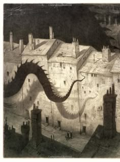 a black and white drawing of a dragon flying over a city