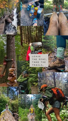 the collage shows many different images of people hiking in the woods and on the ground