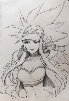 a drawing of a girl with long hair wearing a baseball cap and holding her hands up