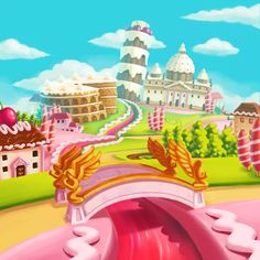 an image of a pink city with buildings and trees in the background, as well as a bridge