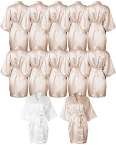 six different styles of satin dressing gowns in various colors and sizes, all with short sleeves