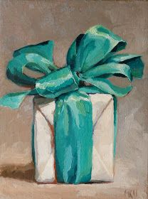 a painting of a wrapped present box with green ribbon on the top and bottom, against a neutral background