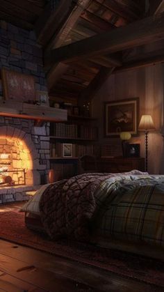 a bedroom with a fireplace in the corner and a bed on the floor next to it