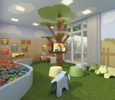 the children's playroom is filled with balls and toys