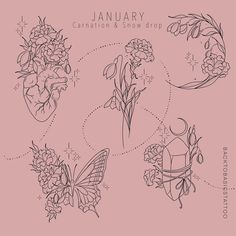 an image of flowers and butterflies on a pink background with the words january written in black ink