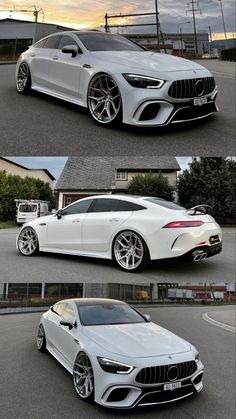 two different views of a white mercedes coupe