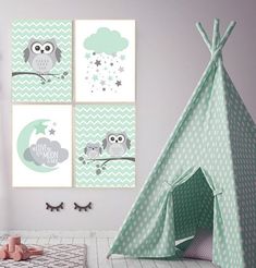 a child's room with three posters and a teepee tent